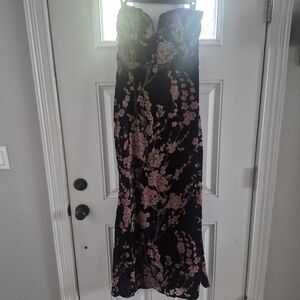 Midnight Blue Velvet And Blush Floral Maxi Dress